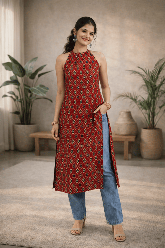 Maroon Ikat Halter Neck kurti