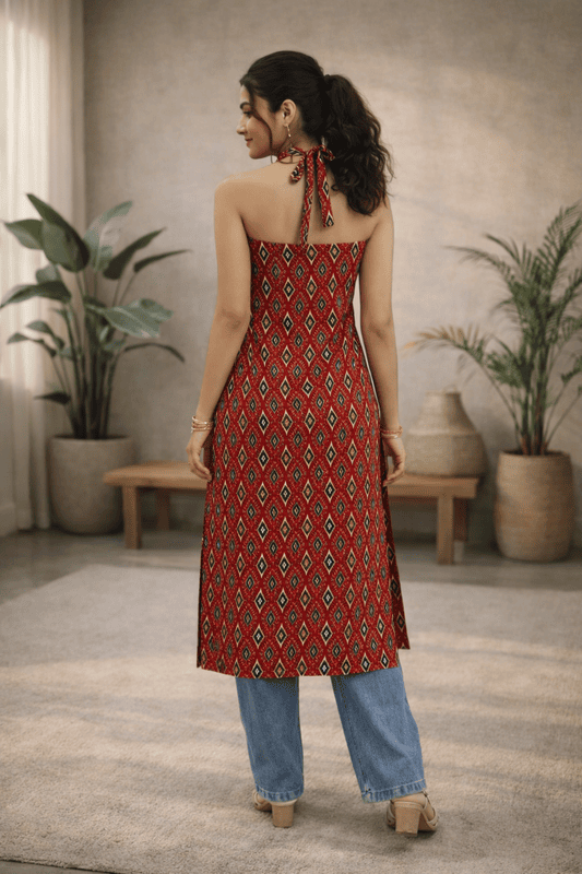Maroon Ikat Halter Neck kurti