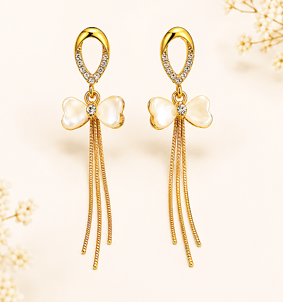 Aria Mother-of-Pearl Bow Tassel Drop Earrings