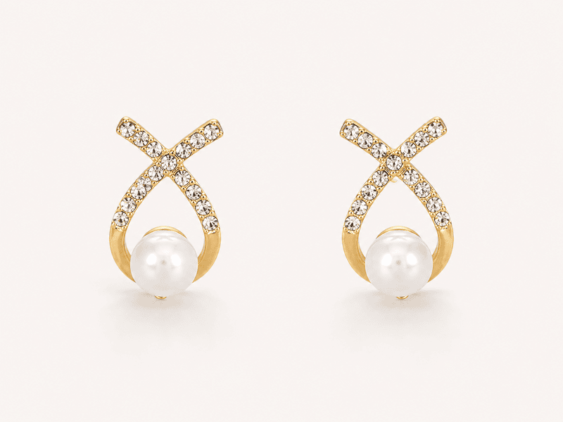 Criss-Cross Crystal & Pearl Drop Stud Earrings