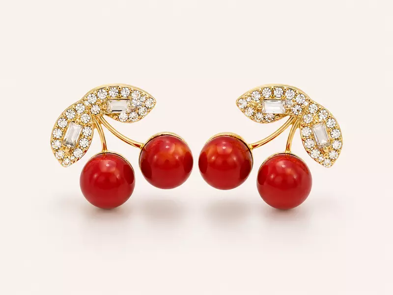 Cherry Crystal Stud Earrings for Women – Gold Plated Red Cherry Designer Earrings