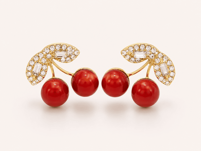 Cherry Crystal Stud Earrings for Women – Gold Plated Red Cherry Designer Earrings