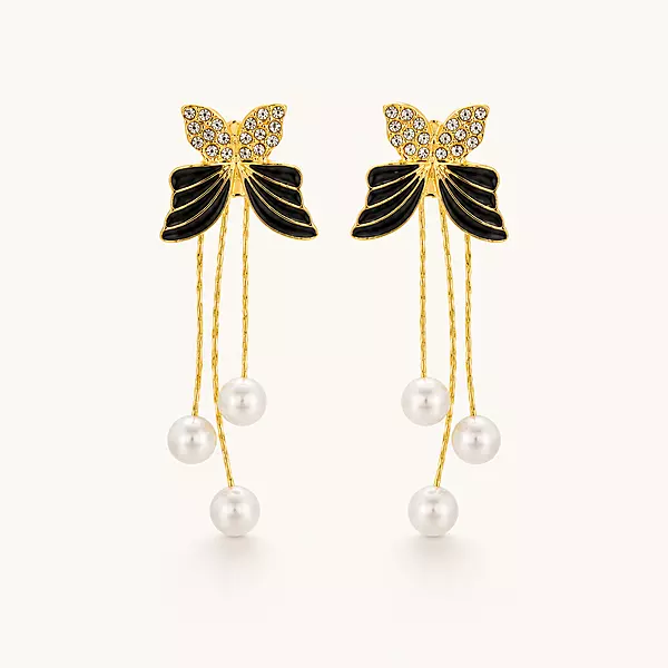 Elegant Butterfly Pearl Drop Earrings for Women – Gold Plated Crystal Bow Design