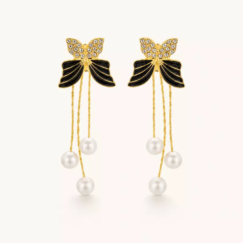 Elegant Butterfly Pearl Drop Earrings for Women – Gold Plated Crystal Bow Design