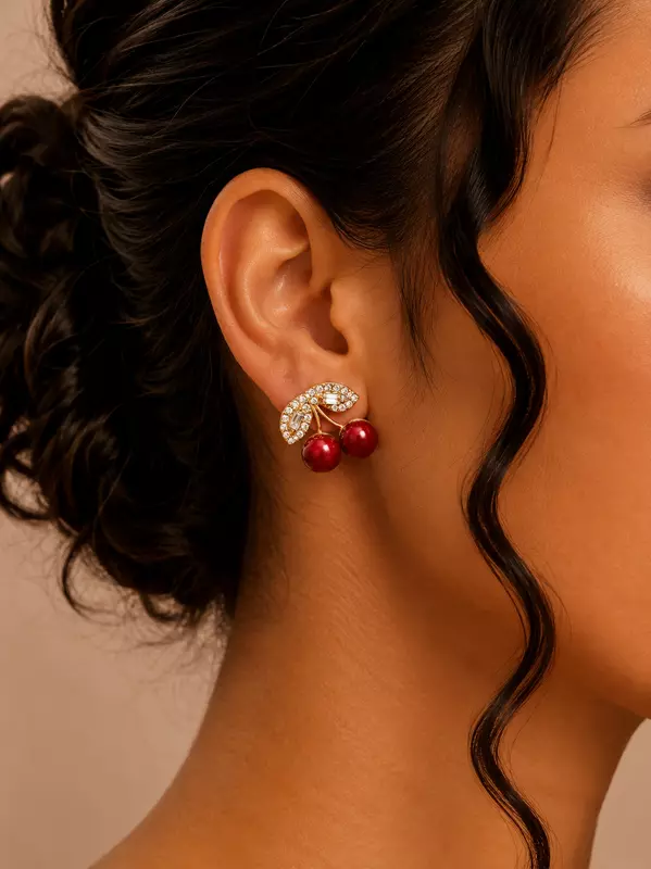 Cherry Crystal Stud Earrings for Women – Gold Plated Red Cherry Designer Earrings
