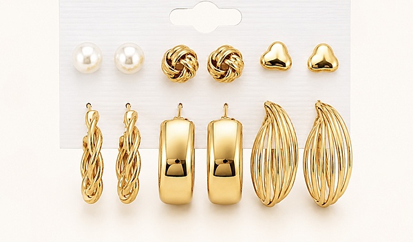 6-Pair Gold Plated Earrings Set for Women – Pearl, Heart Stud & Hoop Earrings Collection