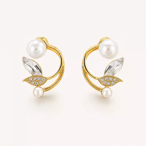 Aura Pearl & Marquise Crystal Floral Arc Earrings (Gold Plated)