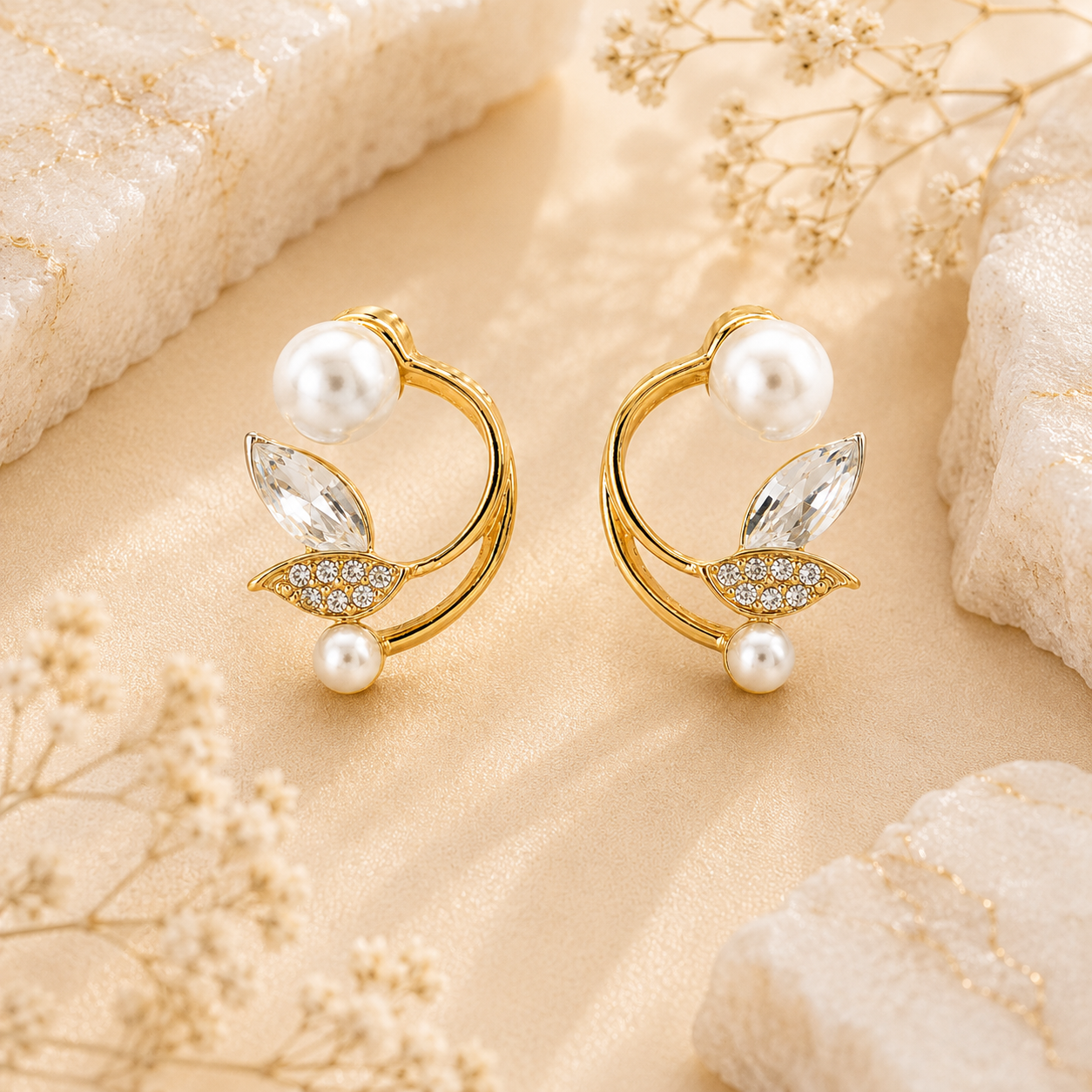 Aura Pearl & Marquise Crystal Floral Arc Earrings (Gold Plated)