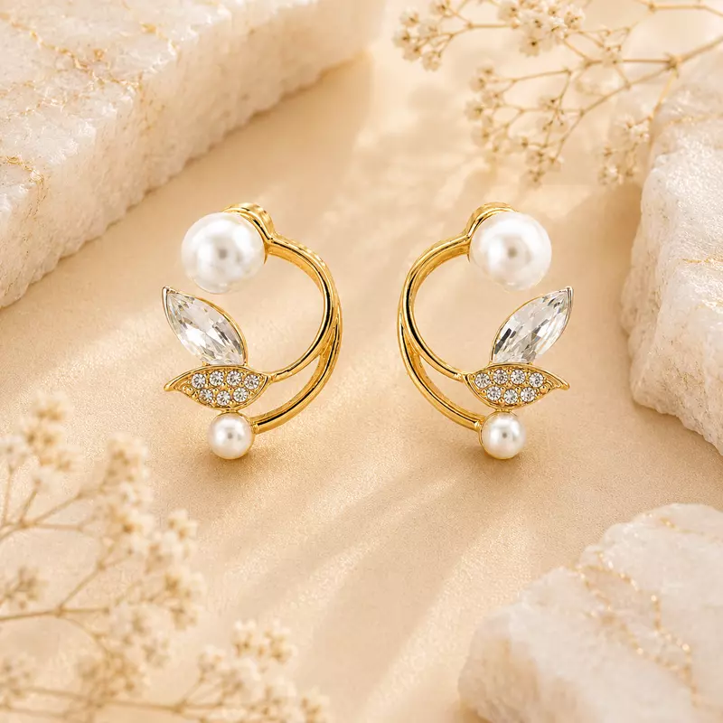 Aura Pearl & Marquise Crystal Floral Arc Earrings (Gold Plated)