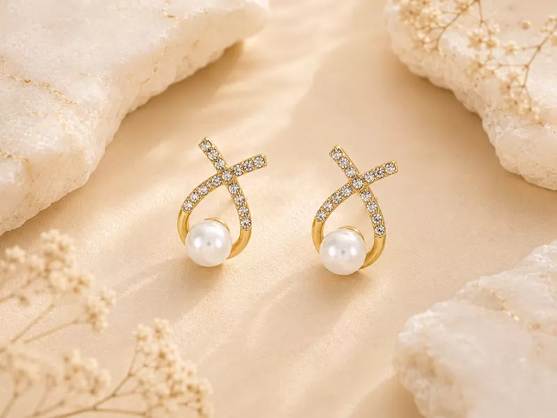 Criss-Cross Crystal & Pearl Drop Stud Earrings