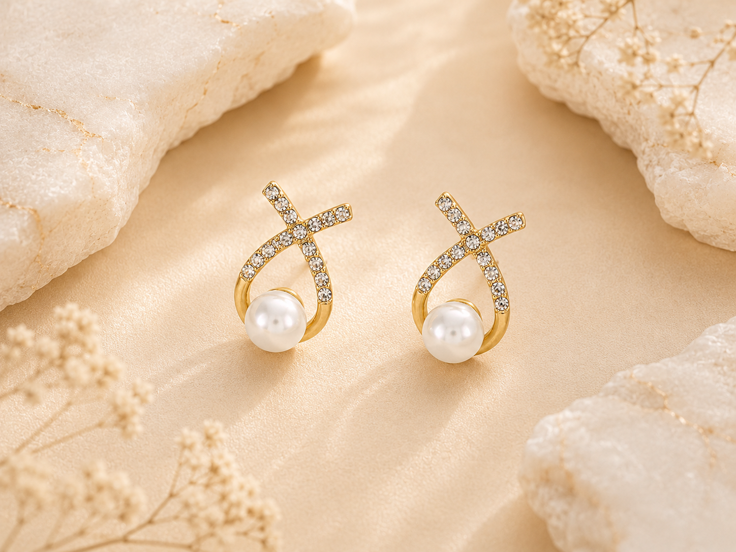 Criss-Cross Crystal & Pearl Drop Stud Earrings