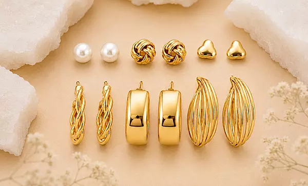 6-Pair Gold Plated Earrings Set for Women – Pearl, Heart Stud & Hoop Earrings Collection