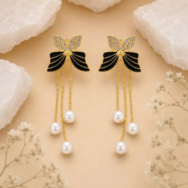 Elegant Butterfly Pearl Drop Earrings for Women – Gold Plated Crystal Bow Design