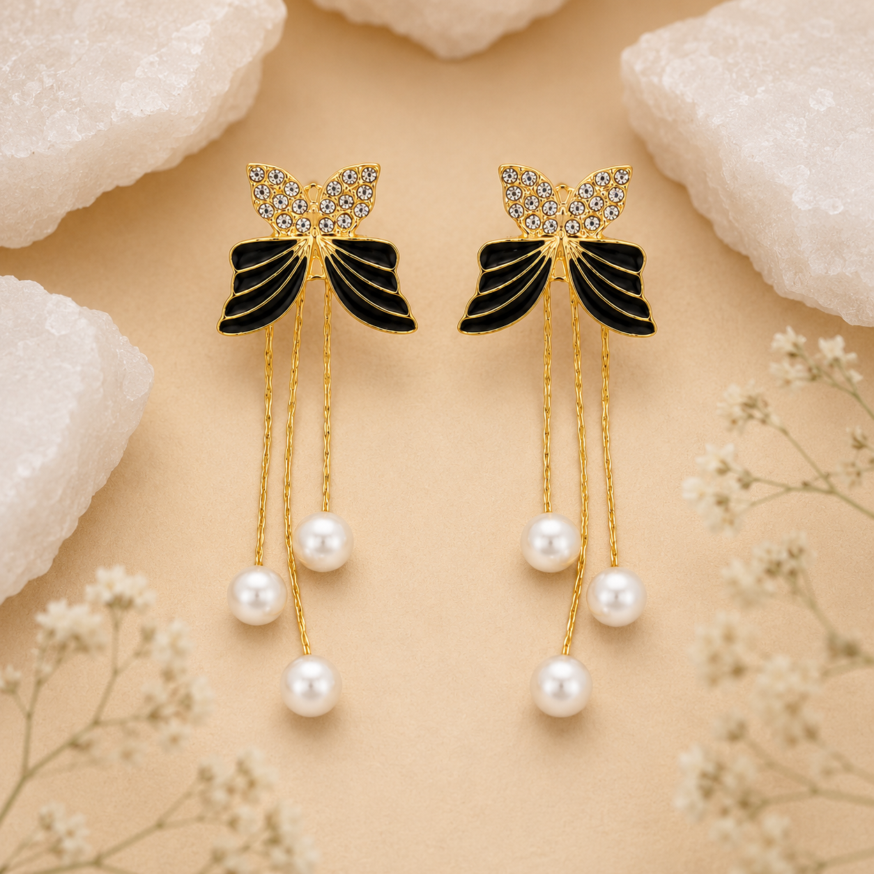 Elegant Butterfly Pearl Drop Earrings for Women – Gold Plated Crystal Bow Design