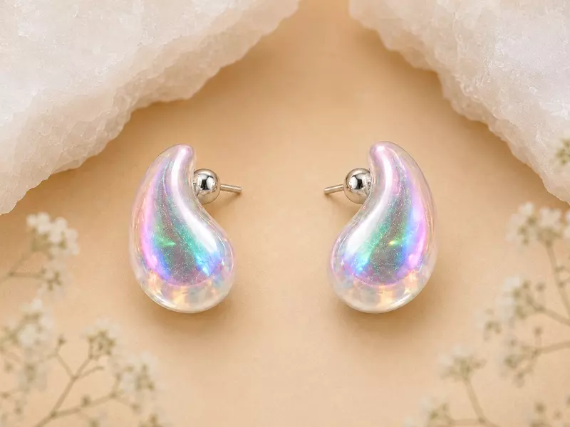 Iridescent Teardrop Stud Earrings for Women – Pearl Glow Designer Earrings
