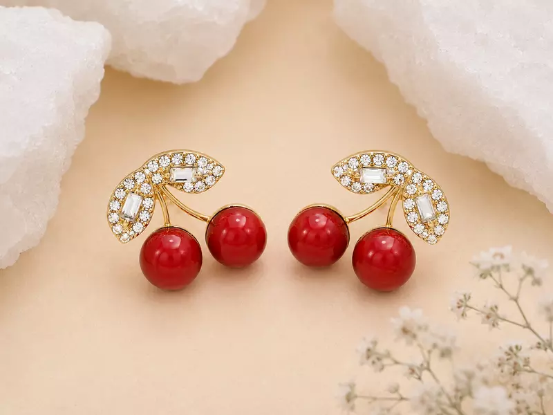 Cherry Crystal Stud Earrings for Women – Gold Plated Red Cherry Designer Earrings