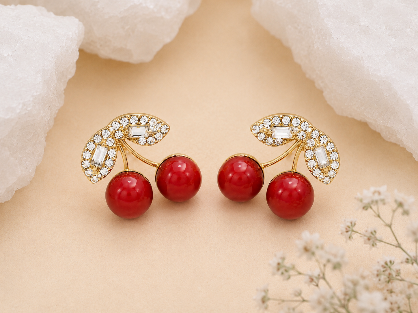 Cherry Crystal Stud Earrings for Women – Gold Plated Red Cherry Designer Earrings