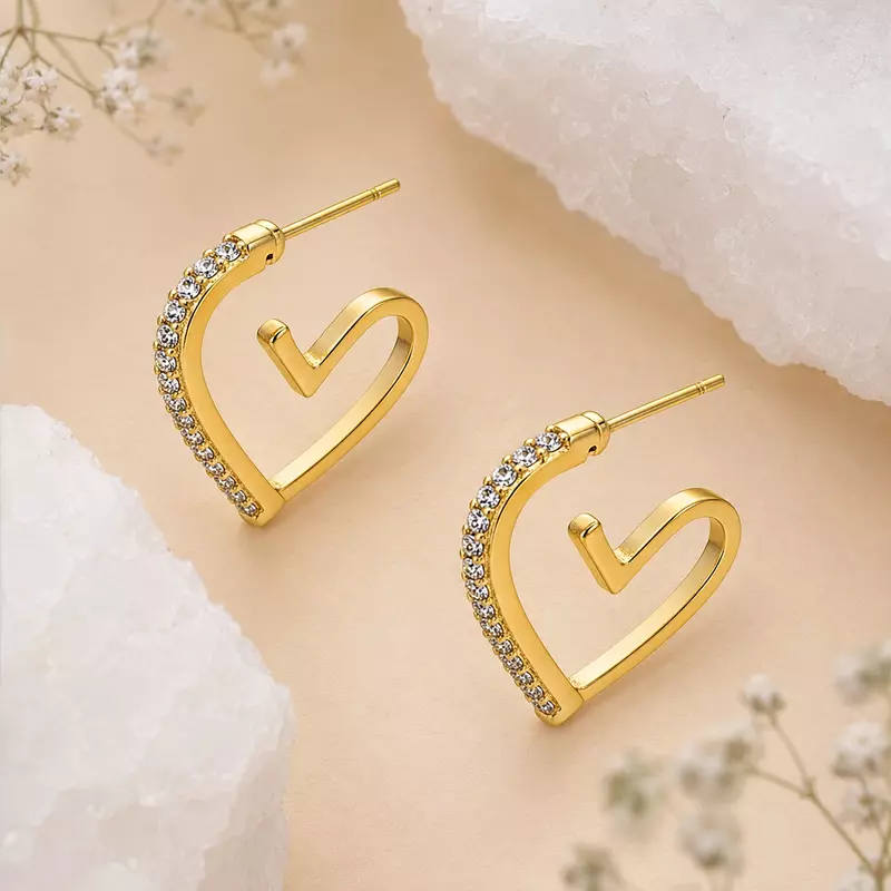 Crystal Heart Hoop Earrings for Women – Gold Plated Open Heart Designer Earrings