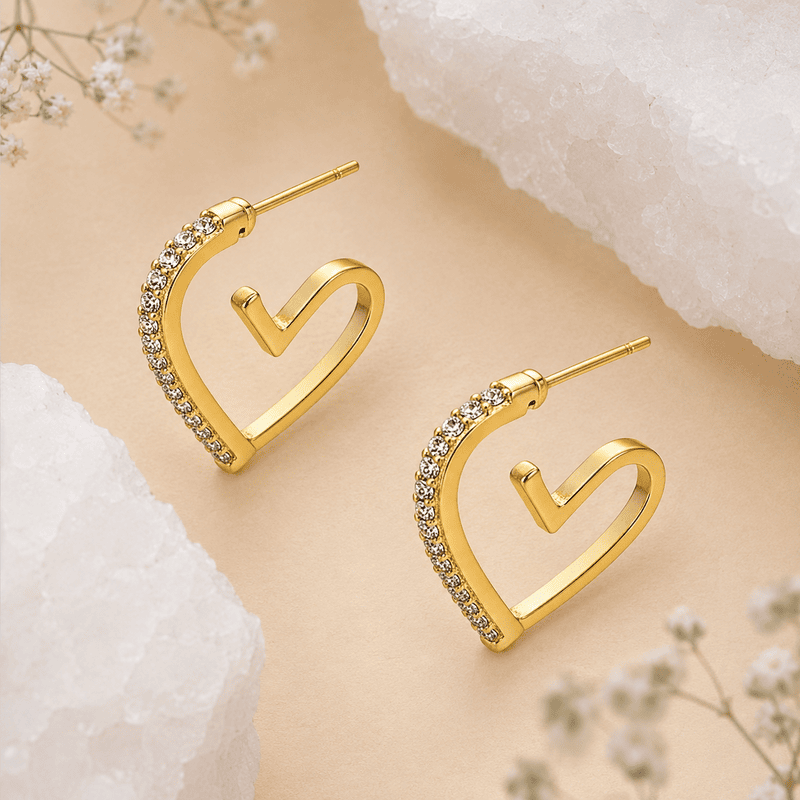 Crystal Heart Hoop Earrings for Women – Gold Plated Open Heart Designer Earrings