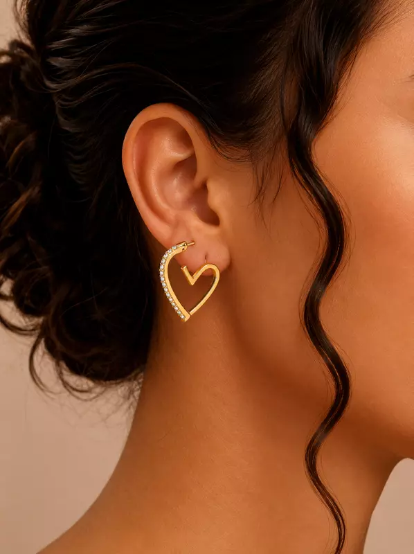 Crystal Heart Hoop Earrings for Women – Gold Plated Open Heart Designer Earrings