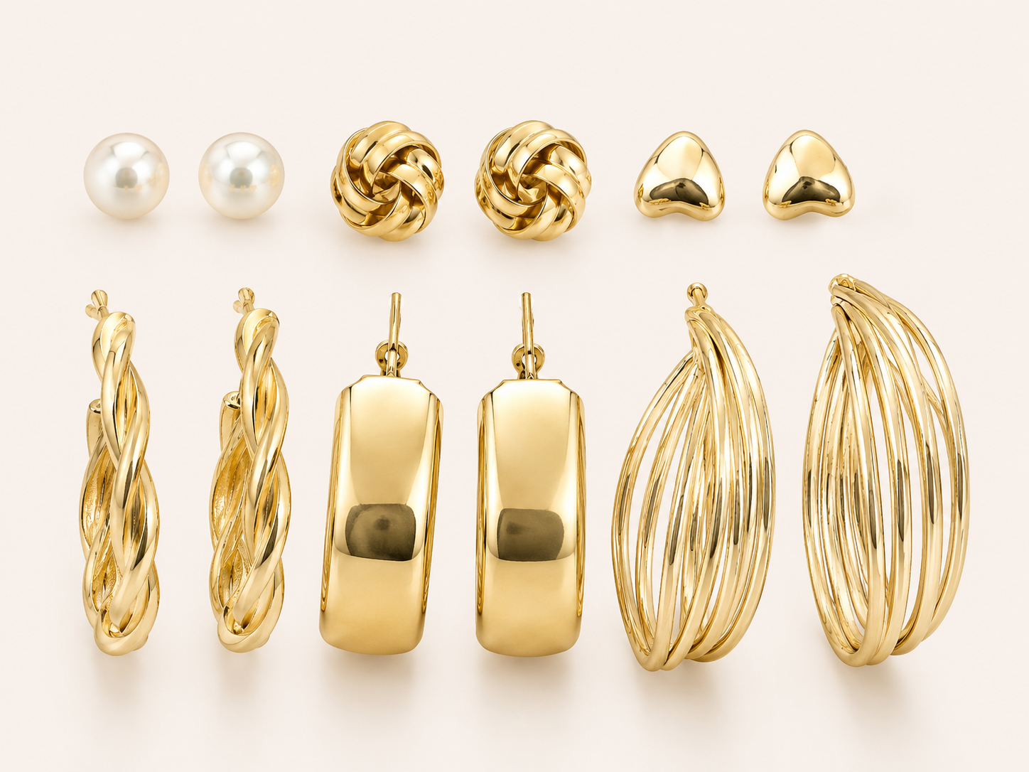 6-Pair Gold Plated Earrings Set for Women – Pearl, Heart Stud & Hoop Earrings Collection