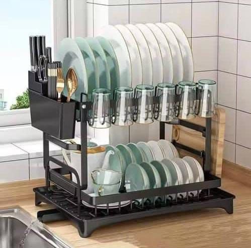 Plate Rack Drainer with Cup Holders and Cutleries Storage