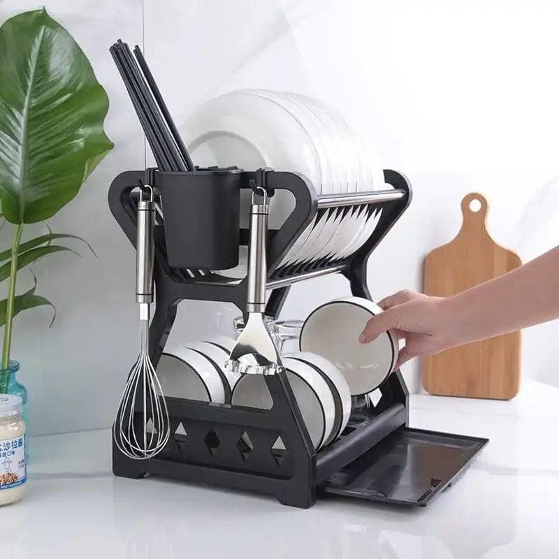 Mini Plate Rack - 2 Layers with Draining Tray & Cutleries Holders