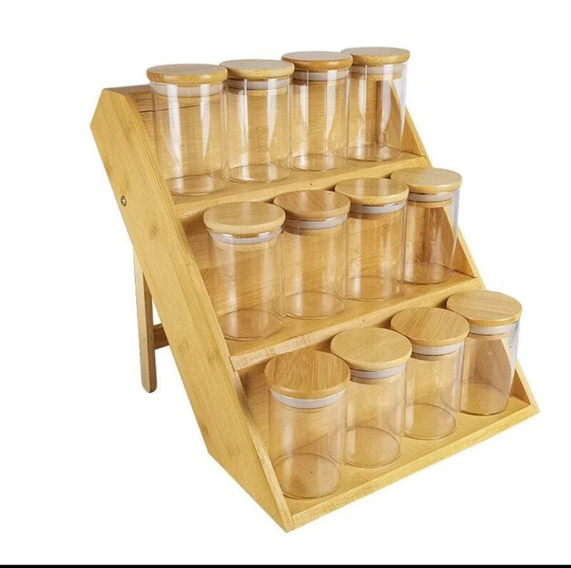 12 PIECES SPICE CONTAINERS WITH BAMBOO LIDS AND STEP ORGANISER