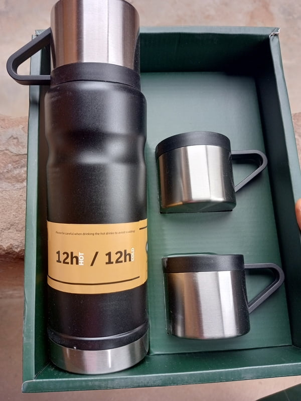 HIGH QUALITY 1L VACUUM FLASK WITH 2 CUPS - 12 HOURS HOT/ COLD PRESERVATION