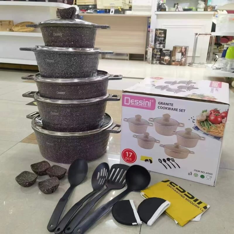 17 PIECES DESSINI GRANITE COOKWARE SET OF 5 POTS WITH ACCESSORIES - 16/18/20/22/24CM