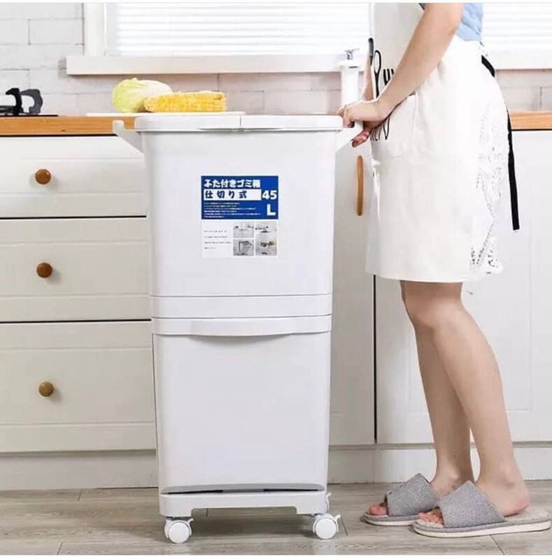 45L 2 COMPARTMENTS REFUSE BIN /TRASH CAN  WITH ANTI ODOUR  LID AND 2 LAYERS STORAGE