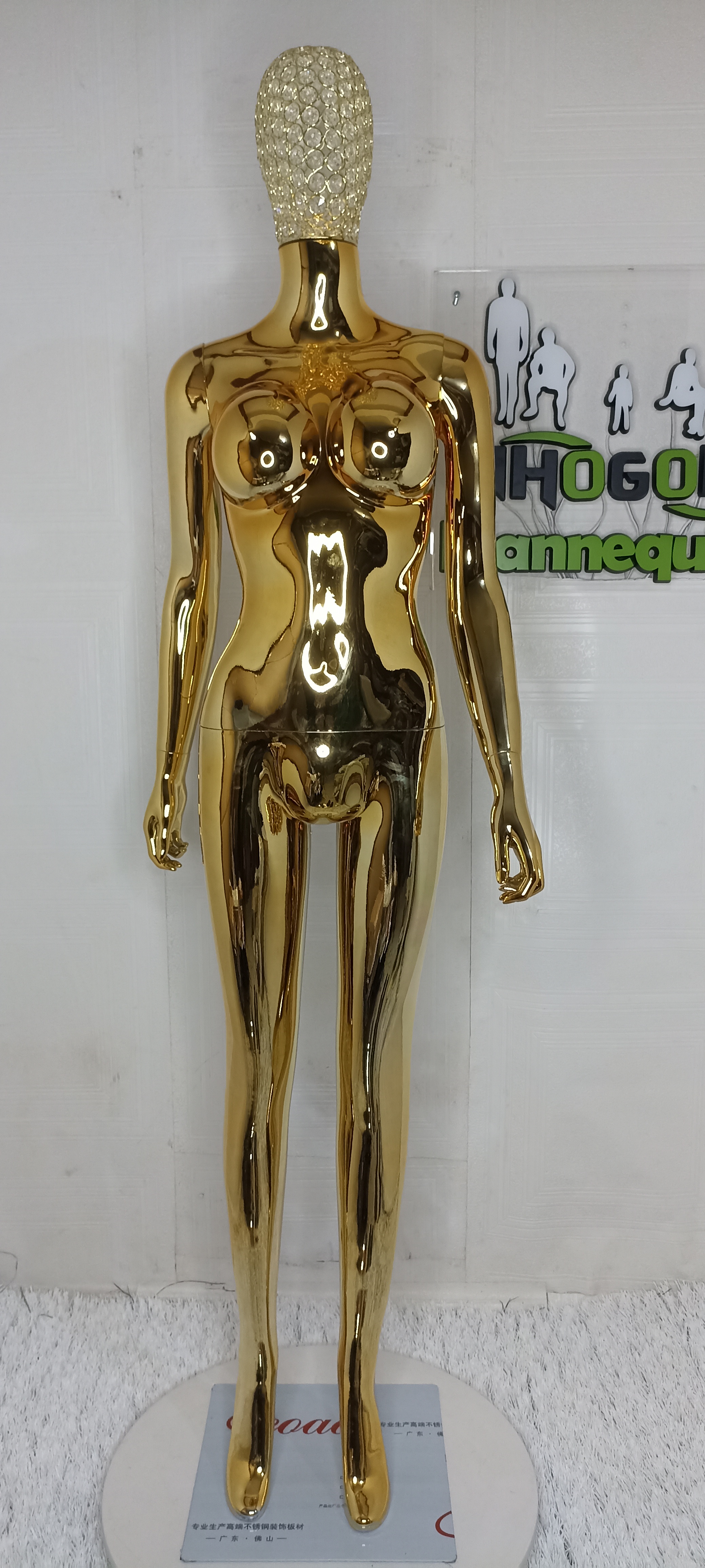 Gold Chrome Female Mannequin Size 8 Medium Bust with Diamond Stoned Wire Mesh Net Head