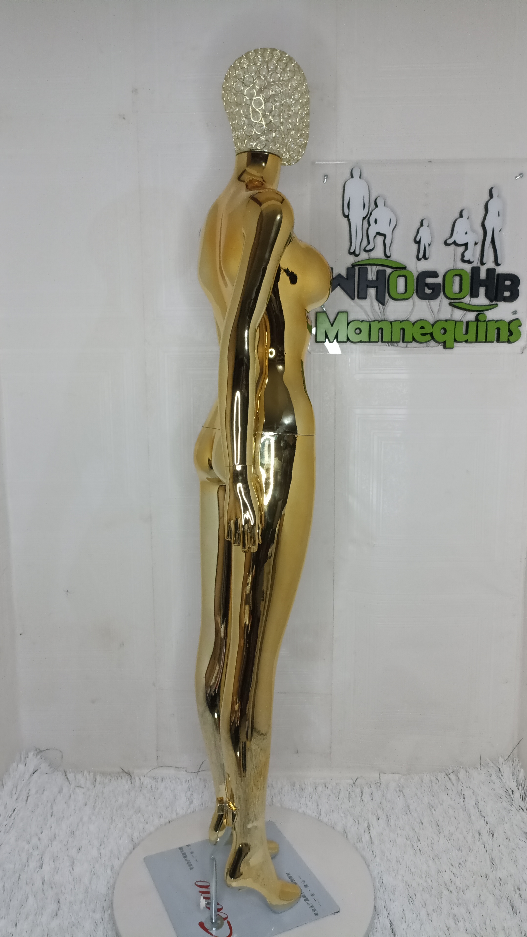 Gold Chrome Female Mannequin Size 8 Medium Bust with Diamond Stoned Wire Mesh Net Head