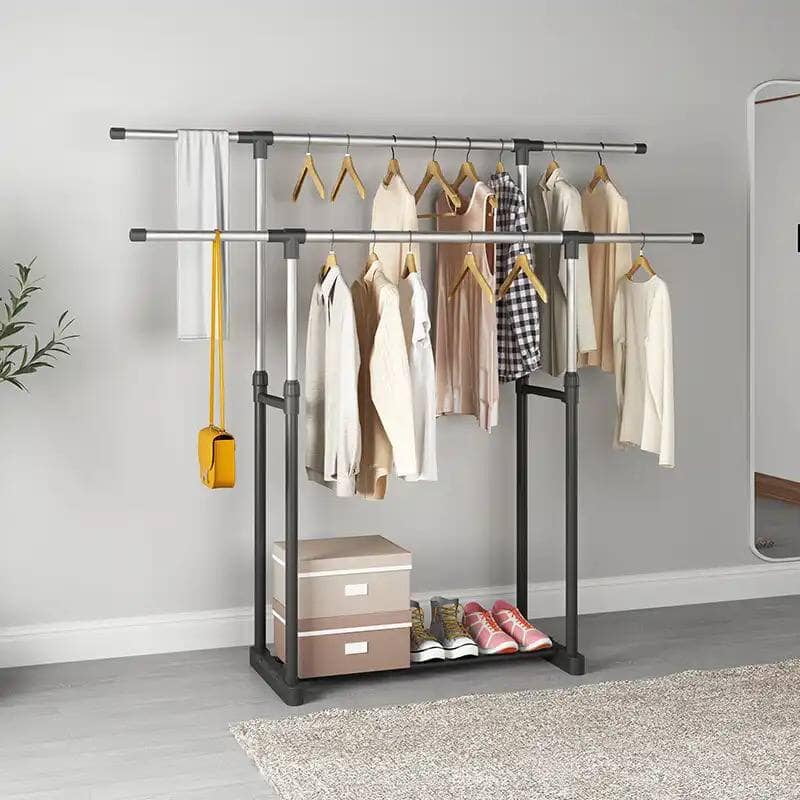 DOUBLE POLES RETRACTABLE CLOTHES RACK HANGER WITH EXTENTION  AND WHEELS