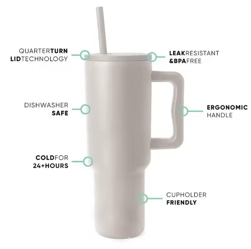 VACUUM INSULATED MUG WITH HANDLE LID AND STRAW - 1.2L