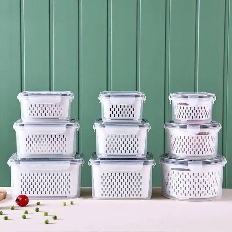 3 PCS SET OF REFRIGERATOR STORAGE BOX WITH DRAIN BASKET  FOR FRESH VEGETABLES FRUITS  FRIDGE STORAGE