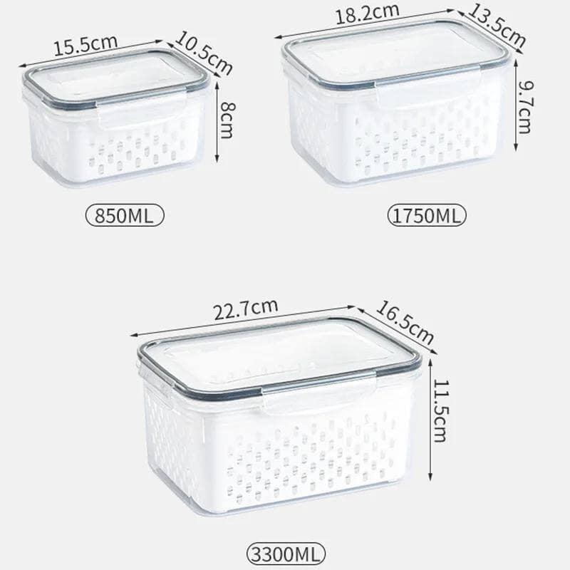 3 PCS SET OF REFRIGERATOR STORAGE BOX WITH DRAIN BASKET  FOR FRESH VEGETABLES FRUITS  FRIDGE STORAGE