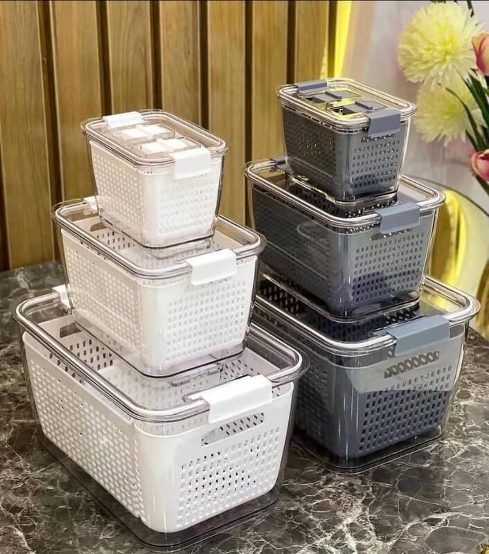 3 PCS SET OF REFRIGERATOR STORAGE BOX WITH DRAIN BASKET  FOR FRESH VEGETABLES FRUITS  FRIDGE STORAGE