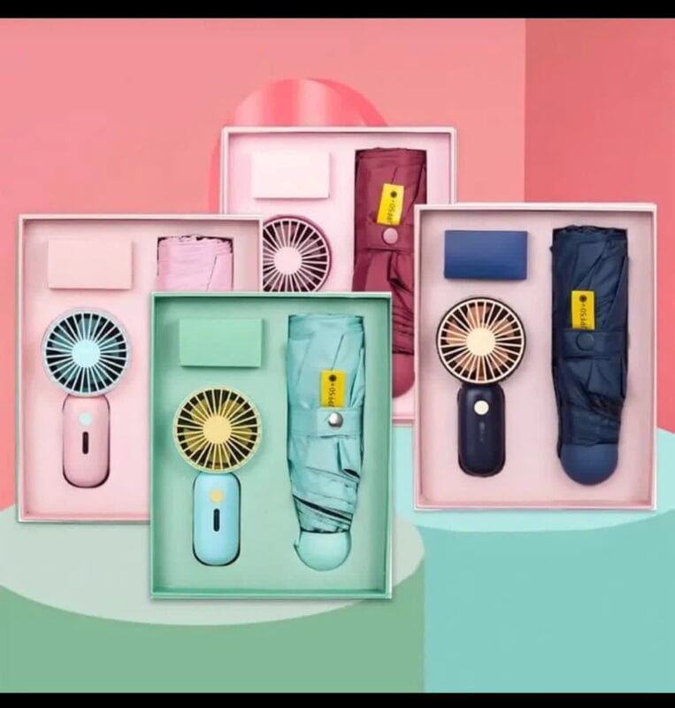 UNIQUE UNISEX GIFT PACK - (QUALITY UMBRELLA AND RECHARGEABLE HAND FAN 002