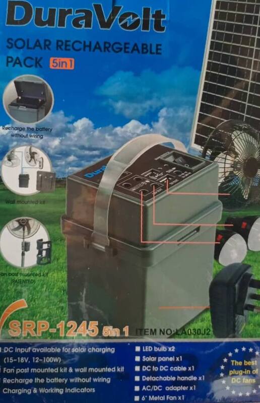 DURAVOLT SOLAR POWER PACK / GENERATOR WITH SOLAR PANEL, FAN  AND 2 BULBS