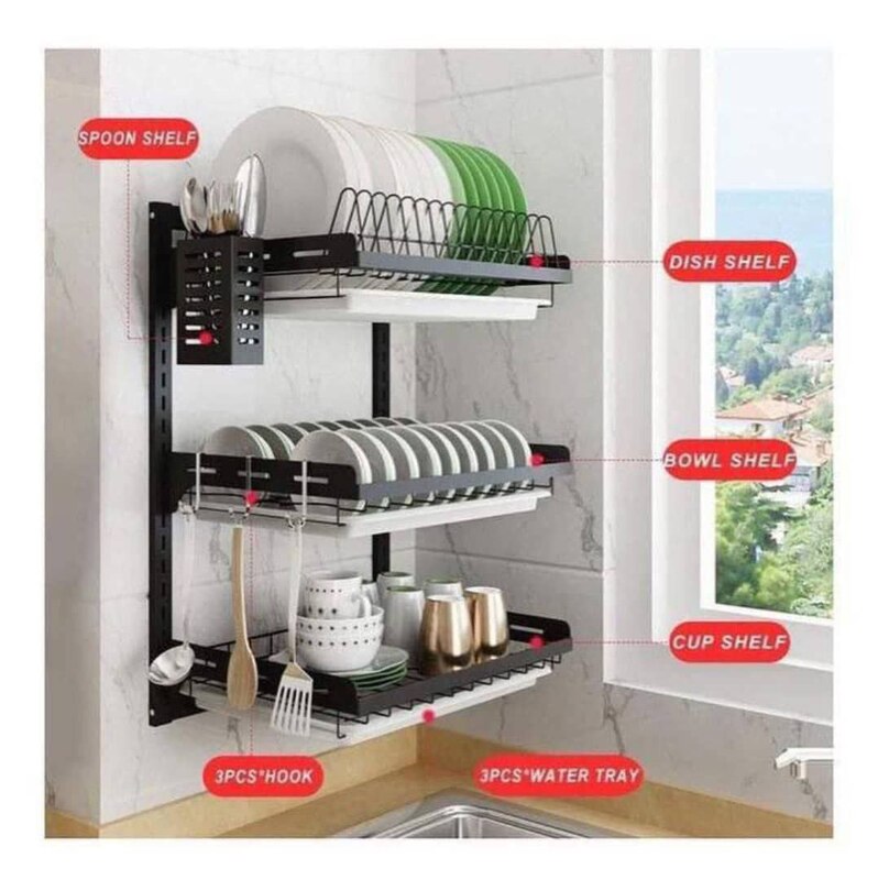 3 LAYERS WALL PLATE RACK DISH DRAINER WITH CUTLERIES STORAGE