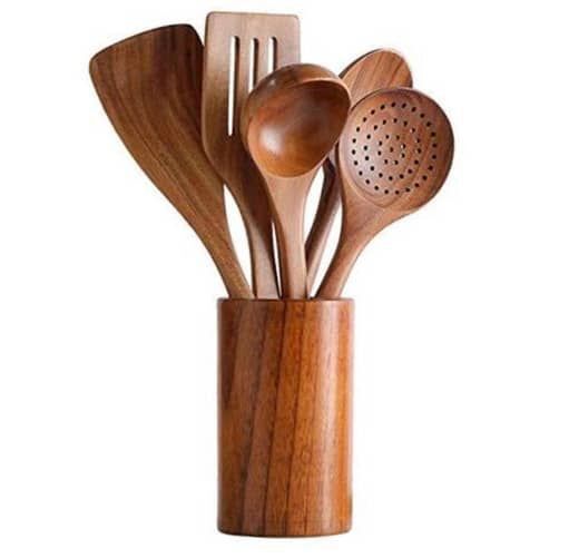 6 PIECES NATURAL  TEAK SOLID WOODEN COOKING SPOON SET COOKWARE SET