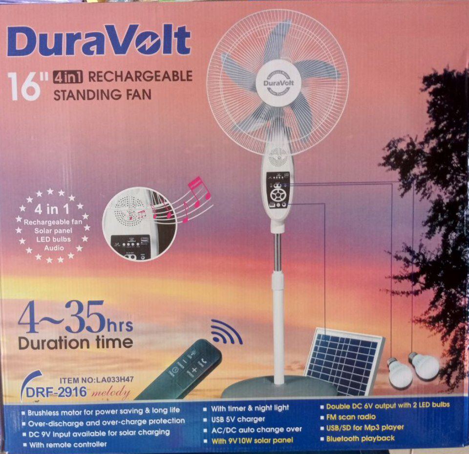 DURAVOLT RECHARGEABLE ELECTRIC & SOLAR POWERED STANDING FAN 16INCHES WITH 2 BULB & PANEL