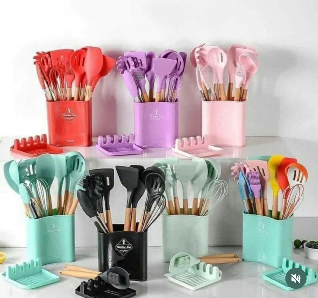 12PIECES SILICONE COOKWARE COOKING SPOON AND UTENSILS WITH SPOON REST