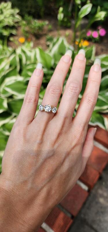 3 stone old mine cut lab diamond six prong ring