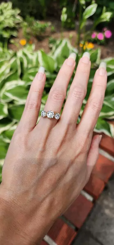 3 stone old mine cut lab diamond six prong ring
