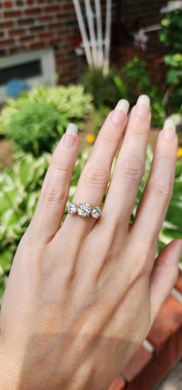 3 stone old mine cut lab diamond six prong ring