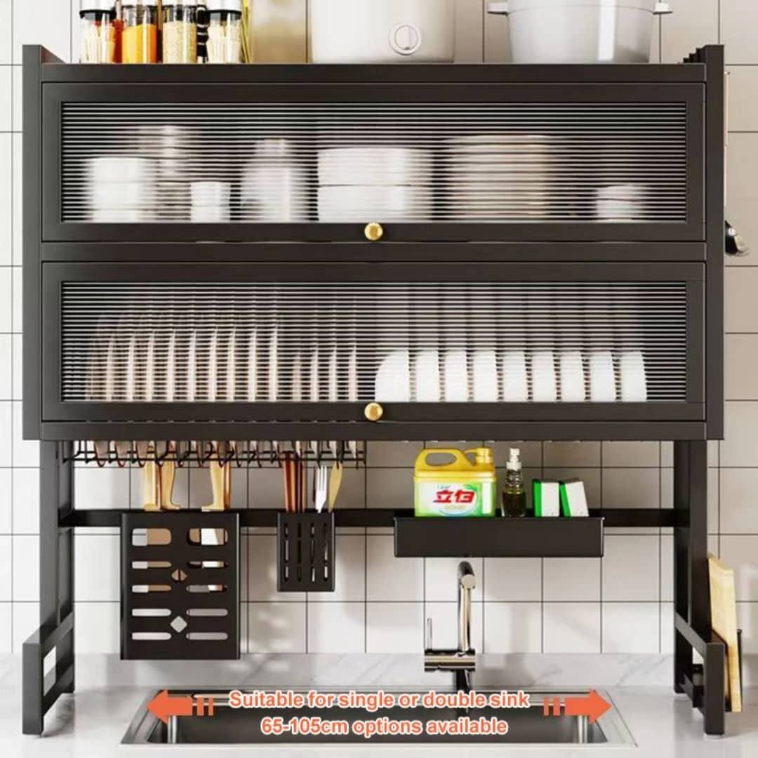 DOUBLE RACK OVER THE SINK COUNTER TOP DISH RACK PLATE DRAINER  WITH UTENSILS RACKS