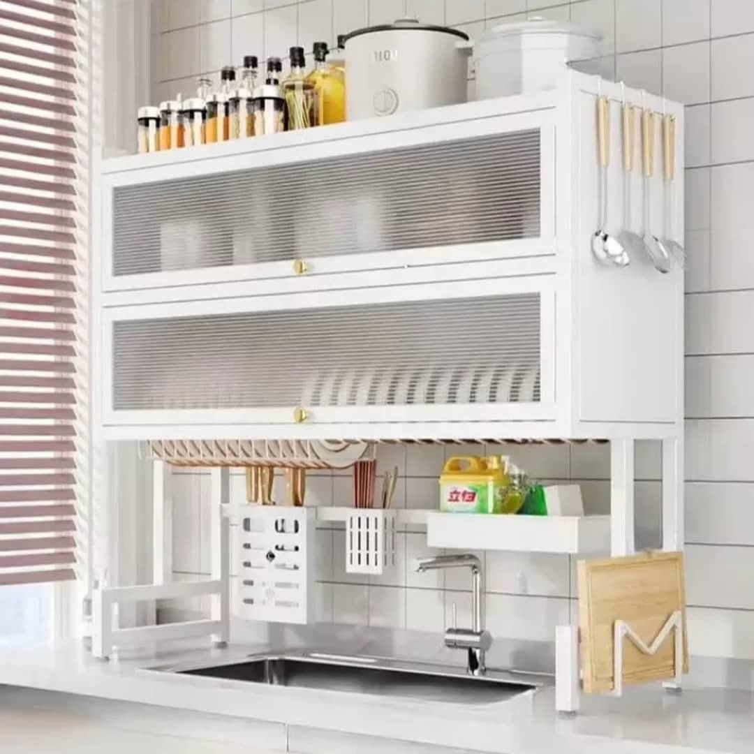 DOUBLE RACK OVER THE SINK COUNTER TOP DISH RACK PLATE DRAINER  WITH UTENSILS RACKS