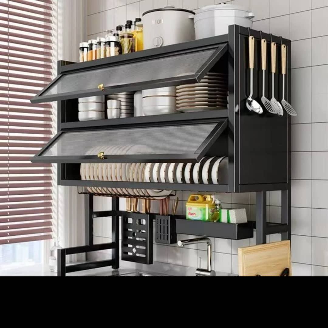 DOUBLE RACK OVER THE SINK COUNTER TOP DISH RACK PLATE DRAINER  WITH UTENSILS RACKS